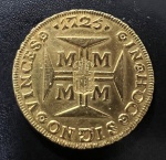 Raríssima Moeda de PORTUGAL, Reino de D.Maria II, Carimbo Coroado sobre Moeda Colonial Brasileira - DOBRÃO, Decreto de 21 de Julho de 1847, Revalorização para 30.000 Reis, Ano 1725, Ouro, Peso 53,8 g, Diâmetro 37 mm, Alta cotação nos Catálogos Internacionais, Referência Catálogo de Moedas Portuguesas - Alberto Gomes, Estado de Conservação Soberba/Flor de Cunho.