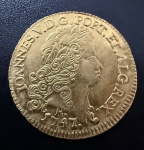 Moeda Brasileira, Colonial, Reinado de D.João V, Valor 6400 Reis, Ano 1747, Casa da Moeda do Rio de Janeiro, Ouro, Peso 14,34 g, Diâmetro 31,5 mm, Soberba/Flor de Cunho.