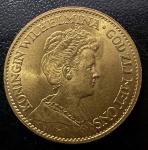 Moeda Estrangeira, HOLANDA, Rainha Guilhermina, Valor 10 Gulden,  Ano 1912, Ouro, Peso 6,7 g, Diâmetro 22 mm, Flor de Cunho.