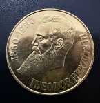 Medalha Comemorativa, 100º Aniversário do Nascimento de Theodor Herzl, Data 1860/1960, Ouro, Peso 15,8 g, Diâmetro 36 mm, Flor de Cunho.