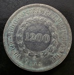 Moeda Brasileira, Série Cruzados, 2º Sistema Monetário, Valor 1.200 Reis, Ano 1843, Variante 1A, Prata, Peso 26 g, Diâmetro 37 mm, BC/Muito Bem Conservada.