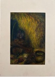 SUZANA LEVY (Rio 1937 / idem 2023) - Obra em pastel sobre cartão "ritual religioso", assinada no Suzana Mor, no canto inferior direito, proteção de paspatur. Medida da obra 26 x 18 cm. Medida total 38 x 28 cm. Apresentando composição de forte expressão simbólica e rica textura cromática. As formas circulares e os tons terrosos dialogam com a figura humana envolta em luz dourada, revelando a atmosfera mística e introspectiva característica da artista.Assinada e datada de 2000, destacando-se pela profundidade emocional e domínio técnico da autora.