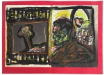 SANDRO DONATELLO (Rio de Janeiro 1945 / Rio de Janeiro 2021) - Obra em técnica mista sobre papel, composta em díptico, com forte carga expressionista. Figuras fragmentadas, traços gestuais e paleta intensa dominada por preto, vermelho, amarelo e verde, criando atmosfera dramática e introspectiva. Assinada pelo artista na parte inferior. Trabalho de caráter experimental, típico da produção contemporânea brasileira, com forte apelo visual e colecionável. Mede 45 x 32 cm.