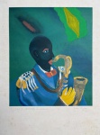 Antiga gravura representando musico, numerada 1/25, assinada, datada 1991. Artista italiano. Medida total 69 x 50 cm.