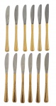 JAPAN - Conjunto com 12 facas de jantar em stainless steel Japan, acabamento em vibrante dourado, cabos com delicado trabalho em relevo geométrico. Peças elegantes, ideais para composição de mesa. Mede 21,5 cm.