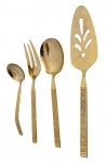 JAPAN - Conjunto com 4 talheres de servir em stainless steel Japan, acabamento em vibrante dourado, cabos com delicado trabalho em relevo geométrico. Peças elegantes, ideais para composição de mesa. Mede 25,5  cm.