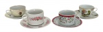 Lote com 4 xícaras de chá em porcelana, com respectivos pires, de estilos distintos: decoração floral clássica, motivos campestres e infantil, incluindo exemplar com acabamento perolado. Peças delicadas, ideais para composição de mesa e ou coleção. Acompanham seus respectivos pires.