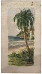 S. RIBEIRO - Aquarela sobre papel representando paisagem litorânea com palmeira em primeiro plano e arquitetura ao fundo. Assinada S. Ribeiro, datada de 1963. Papel com marcas de oxidação e sinais do tempo. Mede 37 x 20,5 cm.
