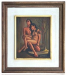 MENDEL - Obra de composição figurativa e mista, marcada por paleta quente e modelagem suave. Mendel é um artista conhecido por cenas humanas expressivas e paisagens densas. Obra assinada e datada (1977) no canto inferior direito, moldura de madeira, possui paspatur. Mede 71cm x 63cm.