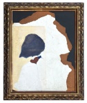 Quadro em técnica mista sobre suporte rígido, representando figura feminina estilizada, com composição moderna e áreas intencionalmente inacabadas. Moldura em madeira entalhada e dourada, de bom efeito decorativo. No verso, etiqueta de galeria Lamateur  Galeria de Artes, Rio de Janeiro. Apresenta desgastes, perdas e restauros aparentes, compatíveis com o tempo. Mede 76cm x 62cm.