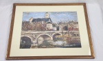 Obra figurativa representando paisagem urbana com ponte em arcos e arquitetura europeia, executada em técnica mista sobre papel, emoldurada com Paspatur e moldura de madeira. Assinada. Medidas da obra: 46,5 x 60 cm. Medidas com moldura: 68 x 83 cm. 