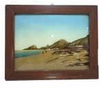 Diferente pintura realizada no vidro, retratando paisagem marítima; Medindo 27 x 33 cm.