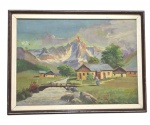 T. OLTEANO - Pintura a óleo sobre a tela, emoldurada retratando uma paisagem de um vilarejo com alpes ao fundo; Medindo  38 x 51 cm.