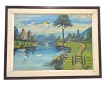 A. D . 1981 - Pintura a óleo sobre o compensado, emoldurada  com tema de natureza e estilo clássico de paisagismo. Medindo  38 x 50 cm.