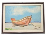 ANGELA - Pintura sobre o compensado, retratando barco na areia; Medindo 29 x 40 cm.