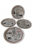 Seis pratos em porcelana decorados com mapas e regiões vinícolas francesas, apresentando inscrições como Vins dAlsace, Crus de Bourgogne e Crus du Bordelais. Peças de inspiração francesa, ideais para compor mesas temáticas, adegas ou coleções de porcelanas decorativas. Medidas: 19,5 cm