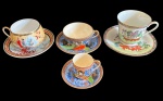 Lote composto por 4 xicaras, sendo 3 de chá e uma de café  com respectivos pires em porcelana oriental e europeia, ricamente decoradas com motivos florais, figuras orientais e policromia esmaltada.