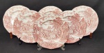 Enoch Woods, England, modelo `Old English Village`. Seis pratos rasos em porcelana inglesa esmaltada na cor rosa, com filetes em prata. Produzido na zona franca. Manufatura no verso. Medindo: 24,5 cm