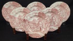 Enoch Woods, England, modelo `Old English Village`. Seis pratos para sobremesa em porcelana inglesa esmaltada na cor rosa, com filetes em prata. Produzido na zona franca. Manufatura no verso. Medindo: 20 cm. 