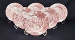 Enoch Woods, England, modelo `Old English Village`. Seis pratos para pão em porcelana inglesa esmaltada na cor rosa, com filetes em prata. Produzido na zona franca. Manufatura no verso. Medindo: 17 cm. 