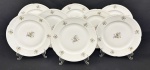 Oito pratos rasos em porcelana da República Tcheca, esmaltados na cor branca, decoração floral policroma e filetes em ouro, bordas com ramos em relevo. Med. 24,5 cm diâm. Um com pequeno bicado.