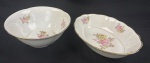 Rio Branco. Duas saladeiras em porcelana esmaltada, decoração com buquê de flores policromas e frisos em ouro sobre fundo branco. Manufatura no verso. 8 x 22 cm e 6 x 26 x 19 cm. 