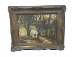 Quadro óleo sobre tela "Paisagem". Obra assinada no canto inferior direito, com antiga moldura de madeira de acabamento patinado e frisos em relevo. Medidas: Tela: 30 x 22 cm e moldura: 40,5 x 33 x 4 cm.