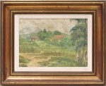 Assinatura não identificada. Paisagem rural. Óleo sobre eucatex. Representando casario, vegetação e curso dágua em primeiro plano. Assinada no canto inferior direito. Medidas: Tela: Alt.: 20 x Comp.: 27 cm. Moldura: Alt.: 34x Comp.: 24,5 cm.