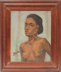 José Maria de Almeida(Beira Alta, Portugal, 1906 - Uberlândia, MG, 1995). Nu feminino. Óleo sobre tela. Assinado no CIE. Verso assinado e datado 1952. Medidas: Tela: Alt.: 41 x Comp.: 33 cm. .Moldura: Alt.: 56 x Comp.: 48 cm. Estado conforme fotografias. (Pintor e desenhista. Estuda no Liceu Literário Português, no Rio de Janeiro, com Oswaldo Teixeira da Rocha, em 1930. Posteriormente transfere-se para o Liceu de Artes e Ofícios, onde é aluno de Eurico Alves. Nesta mesma época, estuda na Escola Nacional de Belas Artes, com Rodolfo Chambelland. Freqüenta as aulas do Núcleo Bernardelli, mais tarde, torna-se um de seus diretores. Em 1943, participa do grupo de excursão de pintura ao ar livre, patrocinado pela revista O Malho. É sócio honorário da Associação dos Artistas Brasileiros e sócio benemérito da Sociedade Brasileira de Belas Artes).