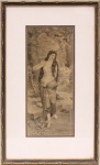 Gravura em monocromia representando figura feminina em traje clássico, acompanhada por putti em composição alegórica de temática mitológica. Assinada na matriz no canto inferior direito, não identificada. Apresentada sob vidro, com passe-partout e moldura de madeira. Medidas: Alt.: x Comp.:
