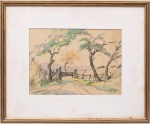 ALBANO (Albano José Nolasco, Niterói, RJ - 1914). Aquarela sobre papel. Representando paisagem rural com porteira e árvores. Assinado no CID. Moldura protegida por vidro e acompanhada de passe-partout em cartão. Medidas: Alt.: 46 x Comp.: 55,5cm.