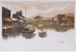 Assinatura não identificada. Paisagem portuária oriental.  Óleo sobre tela. Representando embarcações, edificações palafíticas e personagem em embarcação sobre espelho dágua. Assinada no canto inferior direito. Medidas: Alt.: x Comp.:
