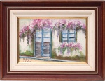 Maria Augusta. Óleo sobre tela, representando fachada de casa com portas e janelas de venezianas, ornamentada por vegetação florida. Assinada no canto inferior esquerdo. Medidas: Alt.: x Comp.: