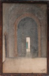 Lima Castro: "Interior de igreja". Óleo sobre tela. Assinado no CID. Localizado e datado no verso. Apresenta perda pictórica. Medidas: Alt.: 35 x Comp.: 22 cm.