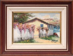 Maria Augusta. Paisagem litorânea com casario. Óleo sobre tela. Representando casa junto à orla, vegetação florida, embarcação e espelho dágua ao fundo. Assinada no canto inferior direito. Medidas: Tela: Alt.: 20  x Comp.: 31 cm. Moldura: Alt.: 34,5 x Comp.:  45cm.