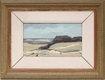 Sansão Pereira (1919 - 2014). Paisagem litorânea. Óleo sobre tela. Representando trecho costeiro com faixa de areia, formação rochosa e mar ao fundo. Assinado no CIE. Medidas: Tela: Alt.: 16,5 x Comp.: 27,5 cm. Moldura: Alt.: 36 x Comp.: 47 cm.