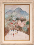 BARBOSA (José Barbosa da Cunha, Olinda, PE - 1948). Sem título. Óleo sobre tela. Representando cena de caráter ingênuo(naïf), com grupo de figuras em procissão dirigindo-se a pequena igreja implantada em paisagem montanhosa, enquanto crianças formam roda em primeiro plano. Assinado e datado 1977 no CID. Localizado "Maricá" no CIE. Medidas: Tela: Alt.: 66 x Comp.: 46,5 cm. Moldura: Alt.: 82,5 x Comp.: 63 cm.
