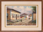 Antonio Arena. (Antonio Arena Castellano Carpentieri: Nápoles, 1930  São Paulo, 1987). Paisagem urbana. Óleo sobre tela. Representando fachada em Paraty, com casario térreo e sobrados distribuídos ao longo da composição. Assinada no canto inferior direito. Moldura de madeira com passe-partout. Medidas: Alt.: x Comp.: