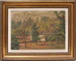 Assinado Autran. Paisagem rural.  Óleo sobre tela. Representando casario em meio à vegetação arbórea. Assinada e datada 1942 no canto inferior direito. Medidas: Alt.: x Comp.: