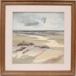 Assinatura ilegível. Paisagem litorânea. Óleo sobre tela. Representando formação rochosa em primeiro plano, faixa de areia e mar ao fundo, Medidas: Tela: Alt.: 50 x Comp.: 50 cm. Moldura: Alt.: 72 x Comp.: 72 cm.