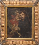 Escola luso-brasileira, século XVIII/XIX. Santo Antônio com o Menino Jesus. Óleo sobre tela, representando o santo franciscano em hábito escuro, portando o Menino Jesus ao colo. Composição de caráter devocional, executada segundo modelos iconográficos tradicionais da arte sacra colonial. Montada em moldura de madeira entalhada e dourada. Medidas: Tela: Alt.: 50 x Comp.: 39 cm. Moldura: Alt.: 73,5 x Comp.: 62,5 cm. Apresenta perda pictórica, demanda restauro.