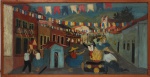 Sem assinatura. Óleo sobre placa de eucatex. Representando cena popular e rua ornamentada com bandeirolas, com figuras em trajes típicos ao redor de fogueira e elementos característicos das festividades de São João. Composição de caráter ingênuo(naïf), valorizando aspectos do cotidiano e das tradições populares brasileiras. Medidas: Tela: Alt.:60  x Comp.: 120 cm. Moldura: Alt.: 63,5 x Comp.: 123 cm.