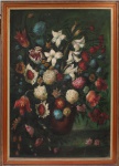 Sem assinatura. Natureza-morta. Óleo sobre tela. Representando arranjo composto por flores diversas dispostas em vaso, com espécies florais distribuídas sobre fundo escuro. Medidas: Tela: Alt.: 109,5 x Comp.: 76,5 cm. Moldura: Alt.: 116 x Comp.: 83 cm. (Este lote não poderá ser enviado pelos correios).