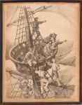 Gravura reproduzindo composição histórica de temática náutica, representando embarcação com tripulação em cena de navegação e observação. Impressão monocromática sobre papel, assinada na matriz e datada de 1957, acondicionada em moldura de madeira. Apresenta escurecimento do papel, manchas, marcas do tempo, desgaste da moldura e sinais de envelhecimento compatíveis com a idade. Medidas: Alt.: 64,5 x Comp.: 50,5 cm.