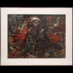 M. Gella, 1971. Composição de caráter expressionista representando figura masculina barbada, portando crucifixo ao peito, diante de paisagem arquitetônica. Óleo sobre placa, com acentuado empastamento e rica textura matérica. Assinado e datado M. Gella  71 no canto inferior esquerdo. Acondicionado em moldura de madeira. Apresenta desgastes, craquelês, pequenas perdas da camada pictórica e sinais de envelhecimento compatíveis com a técnica e a época. Medidas: Tela: Alt.:60 x Comp.: 79,5 cm. Moldura: Alt.: 79 x Comp.: 97 cm.