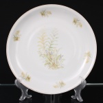 Porcelana Real, Mauá - SP(Fundada em 1943 por Fritz Erwin Schmidt). Bandeja circular em porcelana branca, com decoração policromada de composição botânica representando samambaias e folhagens, dispostas ao centro e junto à aba. Borda com filete dourado. Marca da manufatura no verso. Medidas: Diam.:
