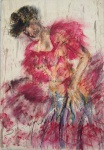 SUZANA LEVY (Rio de Janeiro 1937 / Rio de Janeiro 2023)   Composição figurativa em técnica mista sobre papel, com figura feminina em movimento, marcada por gestual expressivo, cores vibrantes em tons de vermelho e rosa e traços sobrepostos que reforçam a dramaticidade e a sensibilidade da artista. Assinada. Mede 50 x 35 cm.
