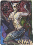 SANDRO DONATELLO (19452021) Composição expressionista de forte caráter simbólico e mitológico, executada em técnica mista sobre cartão. Figura híbrida, gestual intenso e paleta vibrante, marcas características da produção do artista, outrora fundador da escola de artes do Parque Lage e filho do importante pintor brasileiro Oswaldo Teixeira. Assinada no canto inferior. Mede 66 x 48 cm.