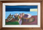 Obra em acrílica sobre tela, datado de 1982, apresentando composição figurativa de linguagem moderna, com formas simplificadas, volumes marcados e uso expressivo da cor. A obra revela diálogo com tendências pós-modernas e neofigurativas do período, combinando construção geométrica e atmosfera onírica. Assinada no verso e no canto inferior esquerdo. Medida da obra 54 x 33 cm. Medida total 71 x 50 cm.