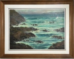 AUGUSTO SEABRA (Rio 1909 .....)  Imponente obra em óleo sobre tela intitulada Início de Ressaca datada e localizada (Rio, 1972). Marinha vigorosa, com ondas fortes batendo nas rochas, típica da produção do artista. Obra assinada e datada no verso e no canto inferior direito. Peça clássica e muito bem conservada, acompanhada de referência de exposição no Clube Naval. Ideal para colecionadores de marinhas brasileiras. Medida da obra 81 x 60 cm. Medida total 1,06 cm x 86 cm.